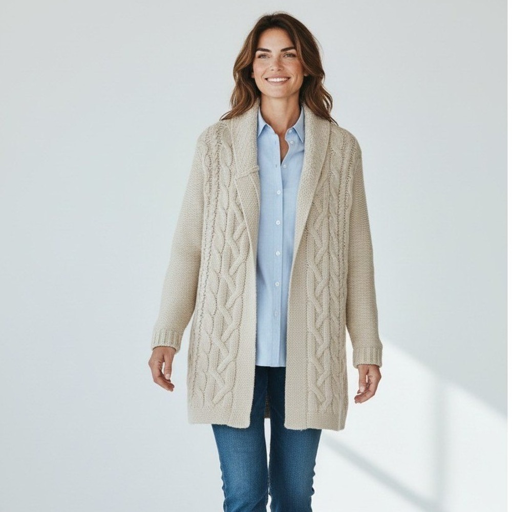 J. Jill Cable Knit Toggle Cardigan Womens S Almond Heather Wool Blend NWT $169
